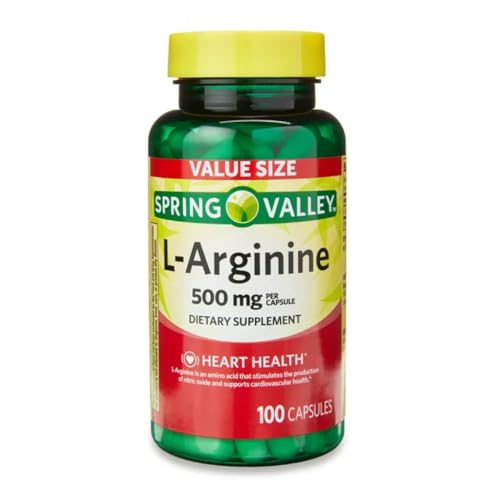 Generic Spring Valley L'Arginine Amino Heart Health Supplement Capsules, 500mg, Value Size, 100 Count + 1 Mini Pill Container (Style & Color Varies)