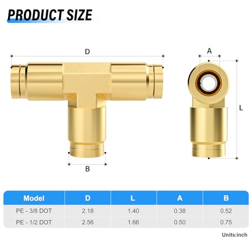 Image of TAILONZ PNEUMATIC 5PCS 3 /8 Inch Tube OD DOT Tee Out Pipe Air Fittings PE-3 /8,Push to Connect Fittings Air Brake Pipe Fittings for Cars、Trucks、Air Brake Systems、Etc.