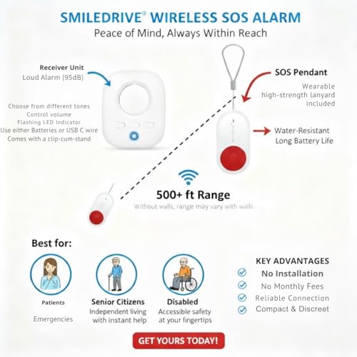 Image of SMILEDRIVE Wireless Caregiver Alarm Bell Pager for Elderly|Emergency SOS Call Button|Nurse Alert for Patients /Disabled /Senior Citizens-500+ft 1receiver 1transmitter|No WiFi /Bluetooth /Internet Needed