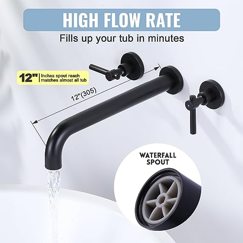Aleasha AL-4E26B Wall Mount Tub Filler Faucet: Aleasha Matte Black Wall Mounted Tub Faucet, Solid Brass Tub Faucet, High Flow Wall-Mount Bathroom Faucet With 12-In Long Spout, Bathtub Double Handles Spout Faucet thumb #2