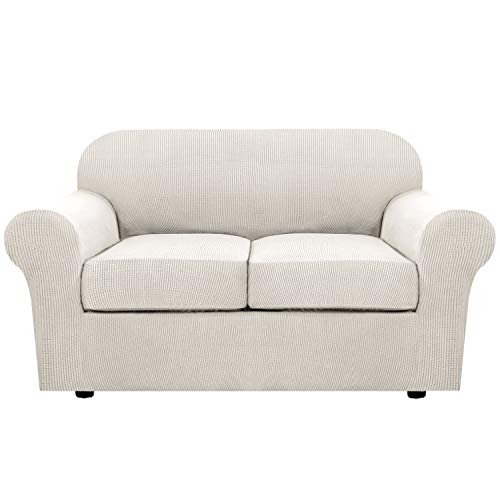 H.VERSAILTEX 3 Piece Stretch Sofa Covers for 2 Cushion Loveseat Couch Covers for Living Room Sofa Slipcovers (Base Cover Plus 2 Seat Cushion Covers) Thicker Jacquard Fabric(Medium Sofa, Ivory)