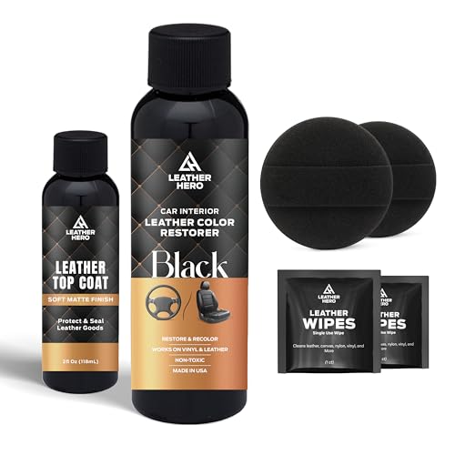 Leather Hero Steering Wheel Repair Kit – Black Leather Restorer with Cleaner Wipes, Matte Top Coat & Sponges – Leather Steering Wheel Scratch Repair & Restoration Kit for Peeling & Worn Leather