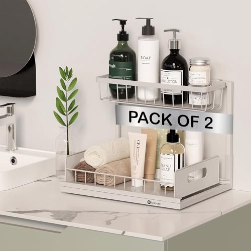 Organizador de 2 niveles para debajo del lavabo | Estante deslizante extraíble para cocina, baño o lavandería | Diseño en L, marco metálico resistente al óxido | Blanco (paquete de 2) miniatura 1