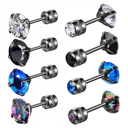 Hopply 4 Pairs Titanium Screw Back Surgical Stainless Steel Earrings for Women Men,Rainbow 5A Cubic Zirconia Studs Double Side Earrings Piercing Sleeper Jewelry 6mm