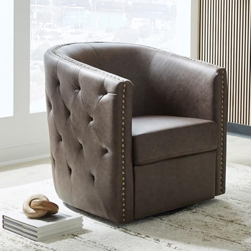 Image of Signature Design by Ashley Brentlow Swivel Chair with Faux Leather Upholstery, Barrel‑Back Seating, Antiqued Nailhead Trim and Tufted Sides for Living Room or Bedroom, Dark Brown