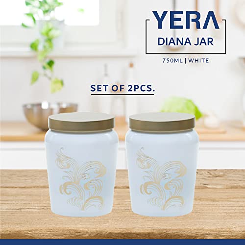 Image of Yera Diana Jars, Metallic lid-golden foil printed-storage jar, 750ml capacity, White Colour,Used for storage of Cookies, snacks,dry fruits,etc (Set of 2)