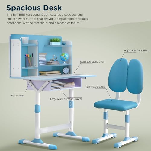 Image of BAYBEE Kids Study Table and Chair Set with Dual Back Support | Baby Study Table for Reading, Writing & Drawing | Ergonomic Kids Table Desk Chair with Book Storage Drawer & Shelves 2+ Years (Blue)