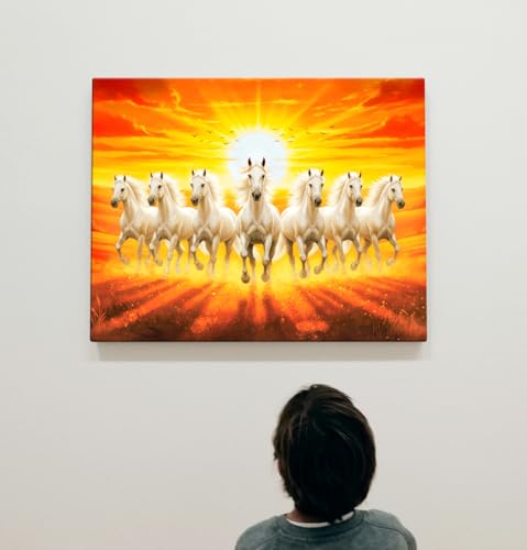 Image of ArtX Canvas 7 Horses Painting Vastu Frame Wall Art Painting, White Running Horses With Rising Sun, Wall Decor, Multicolor, Nature, 58.0 X 45.0 cm, Set of 1