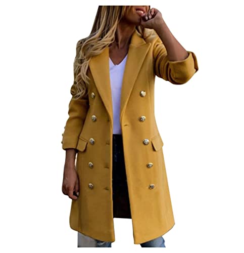 seiveini Gabardina Mujer Trench Abrigo Largo con Cierre A cuadros de Botones Gruesos Solapa Abrigo Blazer Oficina Otoño e Invierno Moda Delgado Encajar Amarillo M Cover