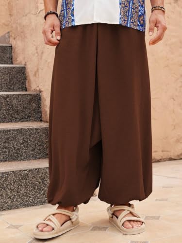 Image of Leriya Fashion Men's Boho Hippie Harem Pants | Black Printed Wide-Leg Trousers | Koren Streetwear Loose Baggy Fit Summer Lounge Yoga Lowers | Men's Solid Cowl Dhoti Pants | Relaxed Fit Draped Harem