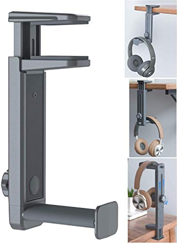 Headphone Stand and Hanger 2 in 1, SUPERONE Headset Hook with Adjustable Height, Wide & Rotating Hook, Cable Clip, Soft clamp Pads, Fit for Desks, Cabinets, Bookshelves and More