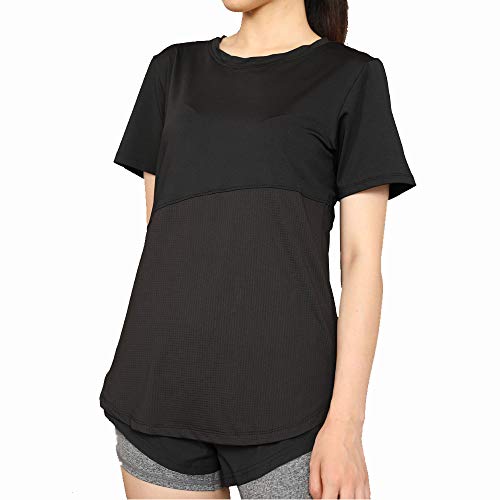 BESIDE STAR Damen Sport T-Shirt Fitness Kurzarm Laufshirt Shortsleeve Yoga Top, Outdoor Blusen & T-Shirts für Damen Schwarz, XXL