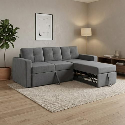 Image of FURNY Tira 4 Seater RHS Lounger Sofa Cum Bed (Dark Gray) with Pull-Out Function | Luxury Velvet Suede Finish | Durable Comfort | Ideal for Living Room