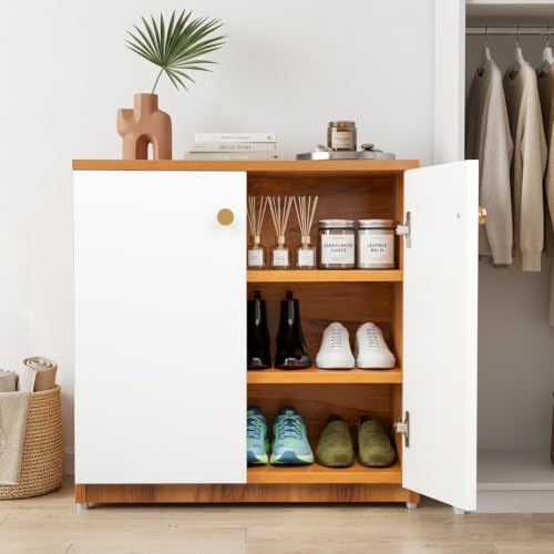 Image of Modern Engineered Wood Shoe Rack Cabinet with 3 Shelves and Double Doors, Wooden Shoe Rack,Shoe Cupboard for Entryway, Living Room, Bedroom(SHEESHAM&White)
