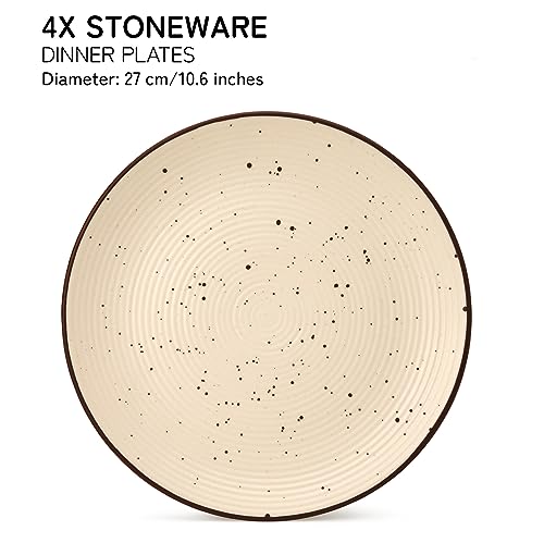 Image of Handcrafted Stoneware Ceramic Dinner Plates, 4 Pieces Serving for 4, Microwave and Dishwasher Safe, Bone-ash Free, Full Plate Set Crockery for Dining and Gifting, Beige