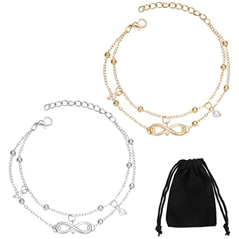 Xinzistar 2 Pcs Boho Double Anklet Silver Pearl Ankle Bracelet Boho Layered Lucky 8 Anklets Adjustable Beads Ankle Chain Fashion Forever Foot Jewellery for Women Girls Great Gift with Storage Bag Cover