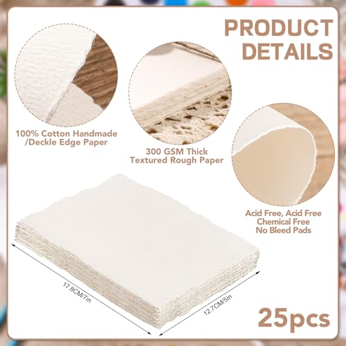 Image of 25 Sheets Watercolor Paper 5 x 7 in, 300 GSM Deckled Edge Handmade Paper | Deckled edge, rough texture, handmade cotton paper for watercolor, cards, invitations, crafts