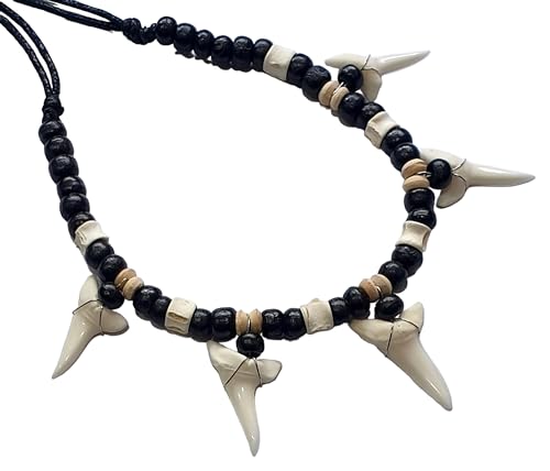 5! Genuine Shark Teeth Necklace for Men, Mako Shark Tooth Necklace, Handmade Wooden Beads Adjustable Cords Shark Tooth Necklace for Women Jewelry GA3783