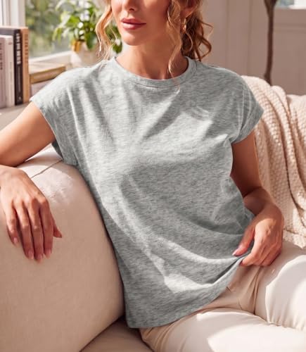 GRECERELLE Womens Summer Tops Cap Sleeve Crew Neck Basic T-Shirt Light Grey — view 4