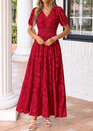 Image of KIRUNDO Summer Dresses for Women 2026 Boho Flowy Casual Short Sleeve V Neck Elastic Waist Floral Long Baby Shower Maxi Dress