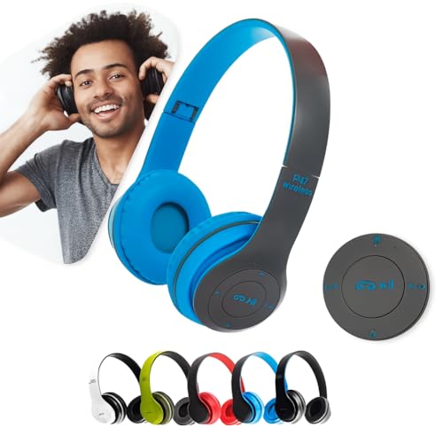 Fone de Ouvido Bluetooth Headphone P47 Sem Fio Wireless Micro Sd 5.0 Dobrável Com Microfone Regulável Para Corrida Academia Escritório Caminhada Reunião Linha Premium (Azul)
