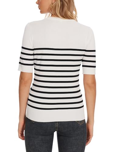 Image of Spicy Sandia Women's Short Sleeve Sweater Casual Knit Pullover Top for Summer Lightweight White and Black Striped M