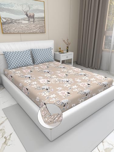 Image of Blue Strip 300 TC Cotton Feel Glace Cotton Elastic Fitted Printed King Size Double Bed Bedsheet with 2 Pillow Covers Fits Upto 9 Inches, Size 72x78x10 Inches