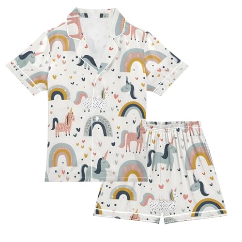 ALAZA Unicorn Horse Rainbow Love Pajamas Satin Pajama Set Short Sleeve Button Down Sleepwear