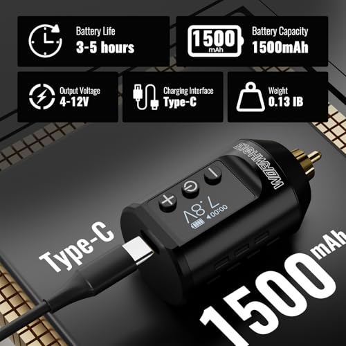 Image of Wormhole Tattoo Gun Kit, 1500mAh Battery Wireless Tattoo Machine Kit Complete Tattoo Practice Kit 20PCS Tattoo Needles Rechargeable Cordless Tattoo Power Supply for Tattooist WTK260
