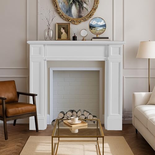 Image of Modern Fireplace Mantel Surround, White Freestanding Surround Mantel for Electric Fireplaces, Premium MDF Wooden Mantel with Leg for Living Room, Waterproof & Anti-Tipping