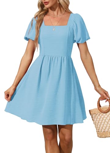 OFEEFAN Baby Blue Dress Womens Short Sleeve Square Neck Puff Sleeve Dresses with Tie Back M