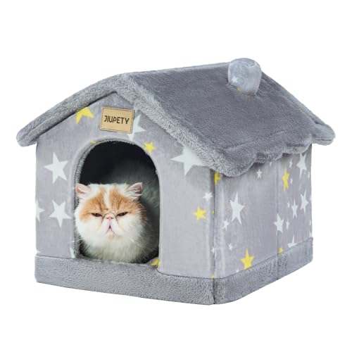 Jiupety Cuccia Gatto Interno Chiusa con Motivo a Stella, Casetta Pelosa per Gatti da Interno Taglia S 43 x 36 x 33 CM, Cuccia per Gatti Cat House, Grey Star
