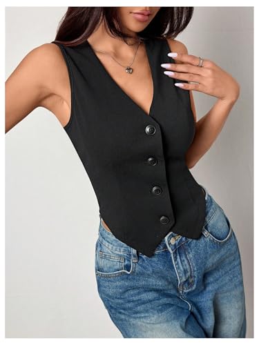 Milumia Women's Button Front Blazer Vest Sleeveless V Neck Asymmetrical Hem Tank Tops4