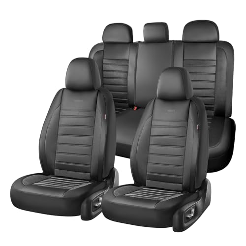 Image of Coverado Full Set Car Seat Protectors, Luxurious Leather & Breathable Mesh Auto Seat Covers for Front Rear Row, Universal 5 Seats Fit Sedan SUV Truck, Black