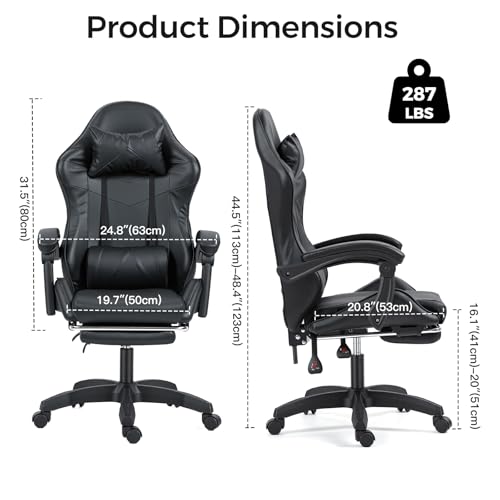 Panana Gaming Chair, Racing Style Office High Back Ergonomic Conference Work Chair Reclining Computer PC Swivel Desk Chair 145 Degree Reclining Angle with Headrest, Lumbar Cushion & Footrest (Black) - Image 4
