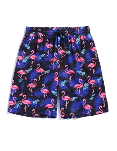 ZAFUL Mens Swim Trunks with Compression Liner Stretch Beach Shorts Quick Dry with Pockets Board Shorts Blue-Pink Flamingo M
