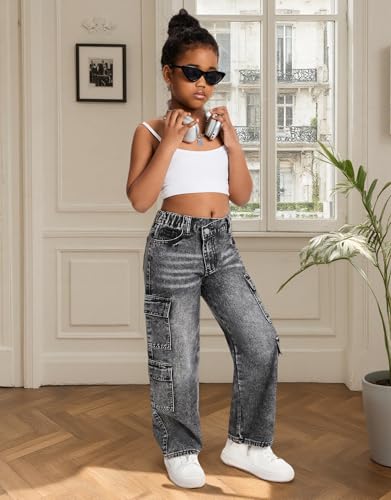 Girls Jeans Wide Leg Cargo Denim Pants with Flap Pockets Asymmetrical Waist Baggy Casual Y2K Outfit 7-14 Years4
