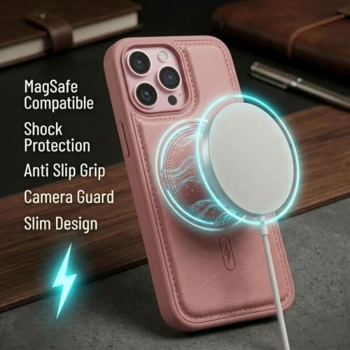 Image of amazon basics Premium PU Leather Case for iPhone 15 Pro, MagSafe Compatible Magnetic Ring, Sleek Protective Back Cover - [Pink]
