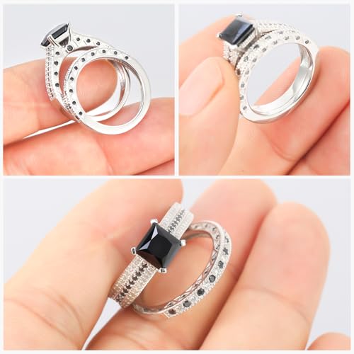 3CT Moissanite Wedding Ring Set for Women Black Asscher Cut D Color VVS1 Moissanite Bridal Set S925 Sterling Silver 18K White Gold Plated Genuine Moissanite Engagement Rings for Her Size 5-103