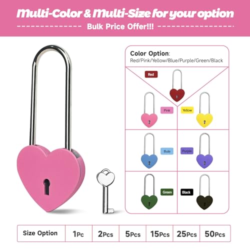 Image of Single Heart Lock with Key 3.5 Inches,50mm Love Padlock Rubber Painting Rose Red Metal Love Lock for Lovelock Bridge,Card Box,Jewelry Box,Diary Book,Handbag