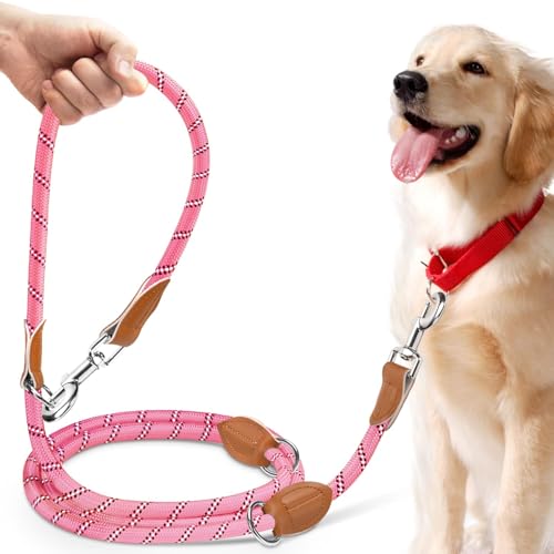 PETCOOZ Correa para Perros Doble Enganche, Correa Perro 3 m Ajustable de Adiestramiento, Correa Larga para Perros Pequeños a Grandes para Caminar, Correr, Entrenar, Rosa