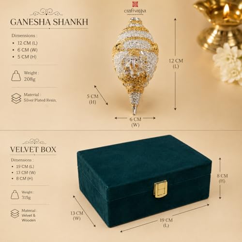 Image of CraftVatika 999 Pure Silver Plated & 24K Gold Plated Ganesh Shankh with Velvet Gift Box, 4.7 Inch Ganesha Shankh for Fengshui Vastu Gifts, Wedding Anniversary House Warming Gifts New Home Decor Items