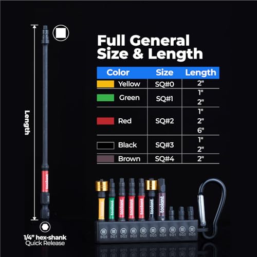 Image of toolant Square Drive Bit Set, Square Impact Driver bits S2 Steel, Robertson Driver Bits Magnetic CNC Tips, 1 inch, 2 inch, 6 inch Long 1 /4 inch Hex-Shank with Storage Box, 11pcs #0, 1, 2, 3, and #4