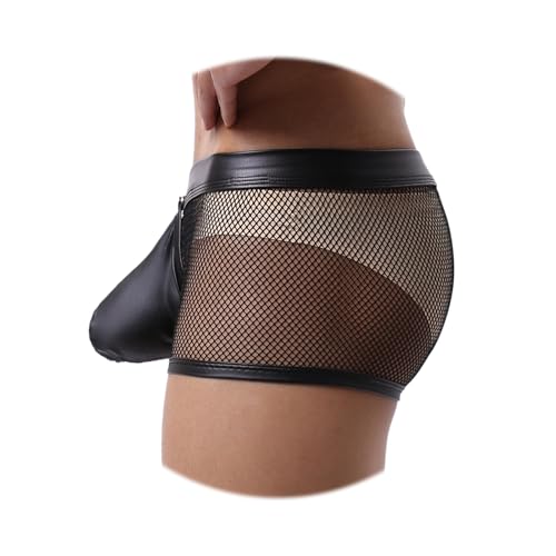 Evankin Men's See Through Sexy Mesh With Faux Leather Loose Shorts Pants Erotic Clubwear Button Removable Pouch3