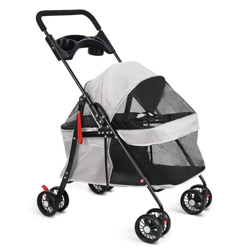 2in1 Hundewagen, Hundebuggy mit 1 Getränkehaltern, Hundebox Transporttasche Faltbar klappbar mit Feststellbremse, Bollerwagen für Hunde, 48 cm * 68 cm * 95cm (Grau)