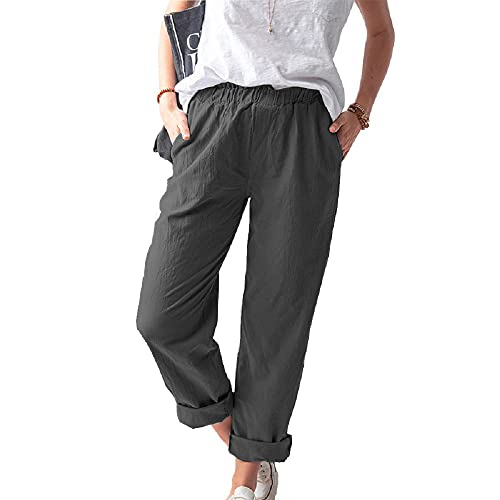 Women's Straight Pants Elastic Waist Casual Lounge Pants Trousers with Pockets Dark Gray