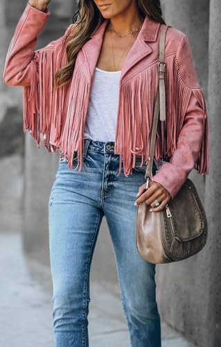 CHARTOU Casual Faux Leather Jacket Women Motorcycle Jacket Fringe Cropped Jacket Utility Tassel Suede Moto Jacket