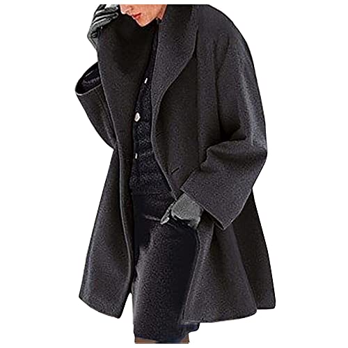EOPUING Women's Winter Trench Wool Pea Coats Basic Breasted Lapel Slim Long Sleeve Fall Warm Elegant Mid-Long Jacket with Belt Buckle Wool Blend Pea Coat Overwear(A-Black,3X-Large)