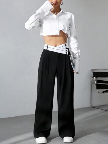 Verdusa Women's Color Block Asymmetrical High Waist Button Trousers Straight Leg Long Pants4