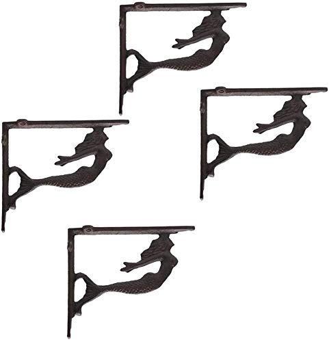 Pop Top Fancy Decorative Wrought Iron Soaring Mermaid Shelf Bracket Wall Bracket - Rustic Cast Iron - Antique Replica Rust Color PTZD003(Two Pairs)